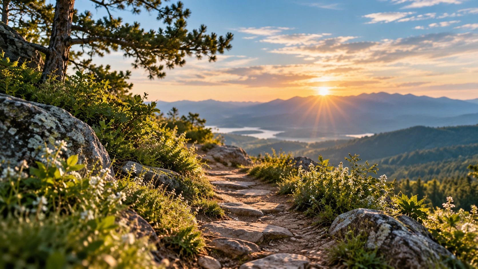 Peaceful mountain trail at sunrise